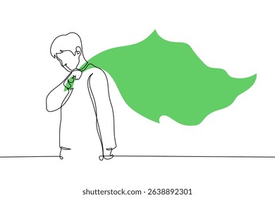 man holding a corner of a big green flag waving behind him - one line art vector. concept man green flag, suitable male partner for healthy relationship. Handmade vector not AI