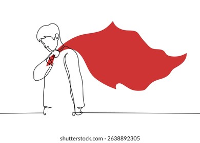 man holding a corner of a big red flag waving behind him - one line art vector. concept man red flag, dangerous partner for relationships or symbol of socialism and communism. Handmade vector not AI
