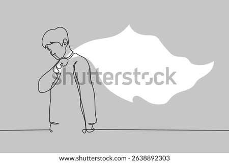man holding a corner of a large white flag waving behind him - one line art vector. concept man white flag - constant compromise in a relationship, capitulation. Handmade vector not AI
