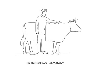 A man holding a cow. Farmer and cattle one-line drawing