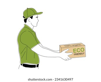Hombre sosteniendo una caja de artesanía con orden. Concepto de entrega ecológica. Hombre mensajero con uniforme verde ilustración de caricatura. Dibujo simple y moderno del vector de contorno aislado en fondo blanco