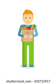 Man holding craft paper bag with fresh vegetables. Objects isolated on white background. Flat and cartoon vector illustration.