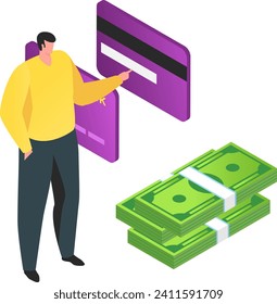 Man holding credit card near stacks of money, online payment concept, digital transaction. Banking technology, finance management vector illustration.
