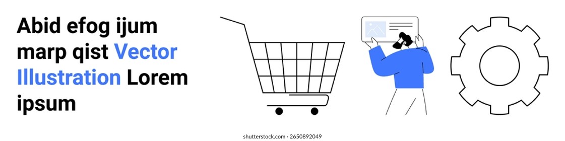 Man holding credit card near empty shopping cart and gear icon next to placeholder text. Ideal for e-commerce, online shopping, web design, technology services, user interface design, consumer