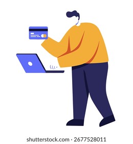 Hombre que sostiene la tarjeta de crédito y que utiliza el ordenador portátil para las compras en línea, aislado en blanco, exhibiendo el comercio electrónico moderno y las soluciones de pago digitales.