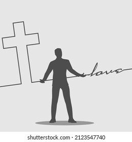 Man holding cross and faith word connected with line