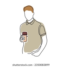 Hombre sujetando una taza de café línea continua colorida ilustración vectorial