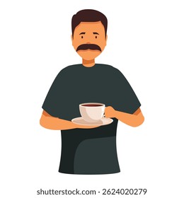 Man is holding a cup of coffee on a saucer
