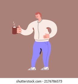 A man holding a cup of coffee. A man standing with a cup of coffee in his hand. A man enjoying his morning. Vector Illustration