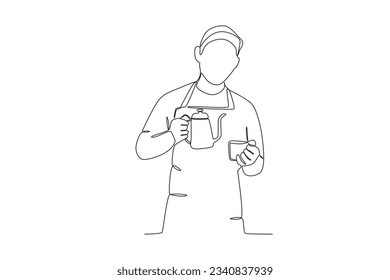 A man holding a cup of coffee and a teapot. International coffee day one-line drawing
