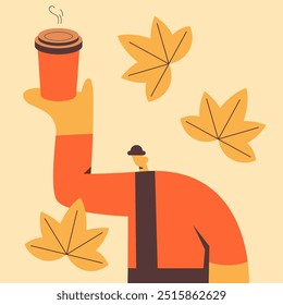 Man holding a cup of hot drink. Hot chocolate, coffee. Flat vector illustration.