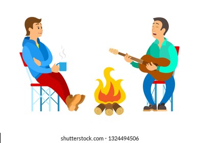 Man holding cup, male singing and playing guitar, people relaxing outdoor near bonfire. Portrait view of tourists in sport suit sitting on chairs vector