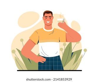 Man holding cup. Young guy with mug of tea or coffee. Metaphor for hot and invigorating morning drink, energy, freshness and tradition. Advertising poster or banner. Cartoon flat vector illustration