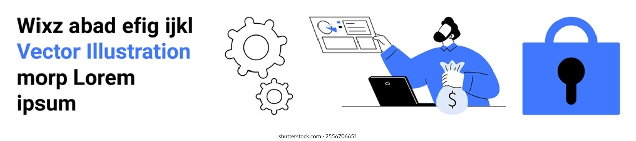 A man holding a currency bag interacting with a laptop. Surrounding elements include gears and a padlock. Ideal for financial security, online transactions, cybersecurity, technology, and business