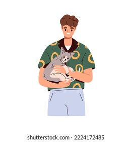 Man Holding Cute Cat In Hands. Happy Pet Owner With Adorable Funny Kitty In Arms. Person Caring About Lovely Sweet Feline Animal, Kitten. Flat Vector Illustration Isolated On White Background