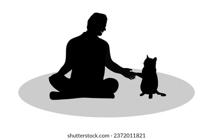 “SHOTLISTS3niorLife”. Man holding cute cat's paw. Elderly man 
Cute cat giving paw to elderly man. Silhouettes of elderly man and a cat. Black vector illustrations.