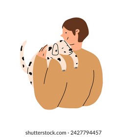 Man is holding a cute Dalmatian dog in his hands. Pet owner. Flat vector illustration.