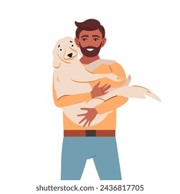 Man holding cute dog. Happy pet owner and adorable terrier. Person caring about companion doggy, pup, canine animal. Flat vector illustration isolated on white background