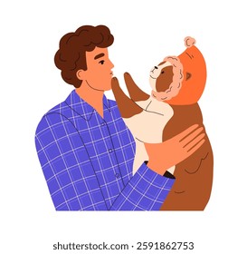 Man holding cute fat cat. Pet owner with feline in arms, hugging and kissing paws with love, affection. Funny happy moment with chubby kitty. Flat vector illustration isolated on white background