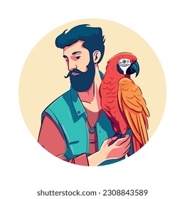 man holding cute pet macaw icon isolated