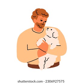 Hombre sosteniendo un lindo cachorro. Feliz propietario de mascotas y adorable perro pequeño mirándose entre ellos. Persona que se preocupa por los perros compañeros, las crías, los animales caninos. Ilustración vectorial plana aislada en fondo blanco