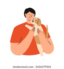 Man is holding a cute Russell Terrier dog in his hands. Pet owner. Flat vector illustration.