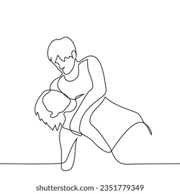 man holding man in dance pas or passed out - one line art vector. concept of a couple of lovers, dancers, faint