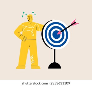 Man holding dart board with direct hit on target.  Goal achievement, victory. Marketing strategy. Colorful vector illustration
