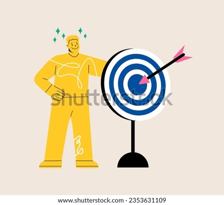 Man holding dart board with direct hit on target.  Goal achievement, victory. Marketing strategy. Colorful vector illustration
