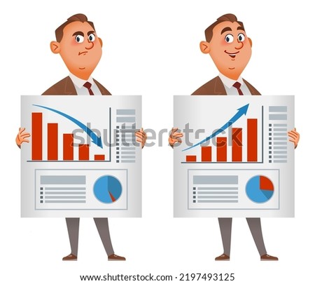 Сartoon man holding decreasing chart and growing chart. Progress and regress in business concept. Vector illustration. Isolated on white. 