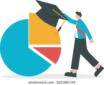 Man holding a degree cap standing near in a pie chart. Self learning, personal improvement, knowledge obtaining. Educational achievement. Love reading. Book festival, education poster concept. vector 