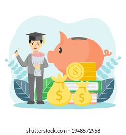 Man holding a degree certificate and bouquet on his graduation day with piggy bank, books, coin and money bags. Man got scholarship or saving money for future concept. Scholarship for student concept.