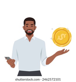 Man holding digital coin and Keeps the Phone in Hand. Flat vector illustration isolated on white background