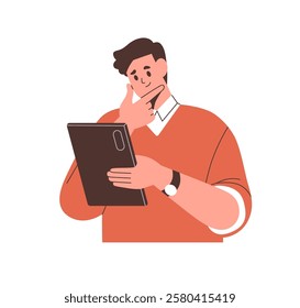 Man holding digital tablet computer. Thoughtful business person looking at pad device, reading, smiling. Employee thinking with gadget in hand. Flat vector illustration isolated on white background