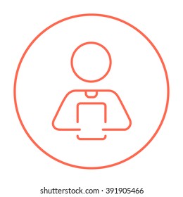 Man holding digital tablet line icon.