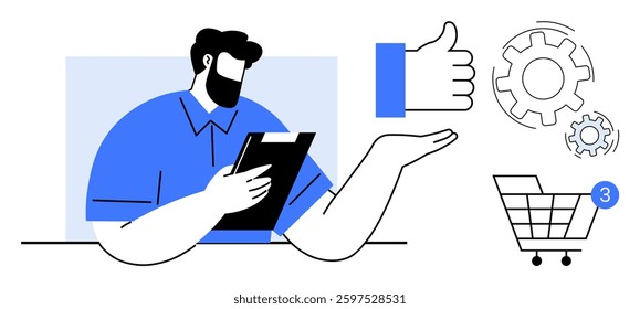 Man holding digital tablet raises hand towards thumbs-up icon. Shopping cart has three notifications. Ideal for e-commerce, online shopping, customer feedback, technology, business productivity