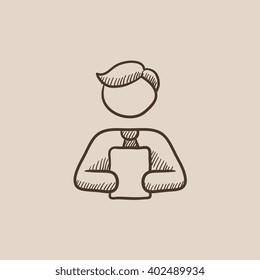Man holding digital tablet sketch icon.