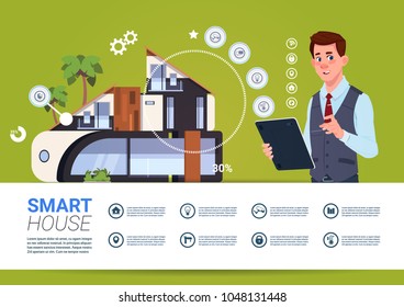 Man Holding Digital Tablet With Smart Home Control And Administration System Interface Concept