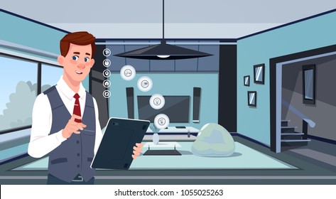 Man Holding Digital Tablet Using Smart Home App Over Living Room Background Modern Technology Of House Monitoring Concept