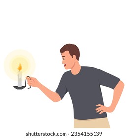 Man holding diwali candles. man holds candlestick with burning candle. Flat vector illustration isolated on white background