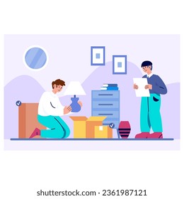 Man holding document, checking list of things and controlling packing process. Man sitting on floor and packing lamp in box. Moving to other place concept. Flat vector illustration in cartoon style