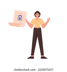 The man is holding a document. Data protection concept. Smart contract. Trend style character.