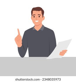 Ein Mann hält ein Dokument in der einen Hand und erklärt es mit der anderen. Flache Vektorgrafik einzeln auf weißem Hintergrund