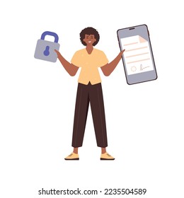 The man is holding a document. Smart contract concept. Data protection. Modern trendy style.