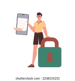The man is holding a document. Smart contract concept. Data protection. Trend style character.