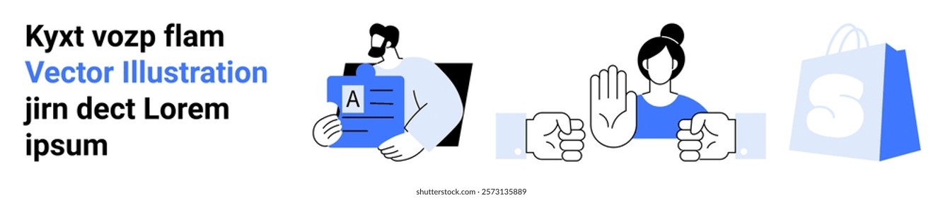 A man holding a document a woman with a stop gesture two fists facing each other a shopping bag with a logo. Ideal for business communication, customer service, conflict resolution, e-commerce