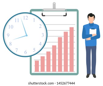 Man holding documents in hands vector, businessman with clipboard paper and information. Male with clock, time management flat style business analytics