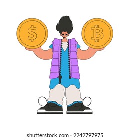 Man holding dollar and bitcoin. Character Trendy retro style.