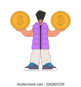 Man holding dollar and bitcoin. Character trendy style.