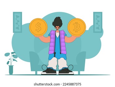 Mann, der Dollar und Bitcoin hält. Kryptowährungskonzept.
